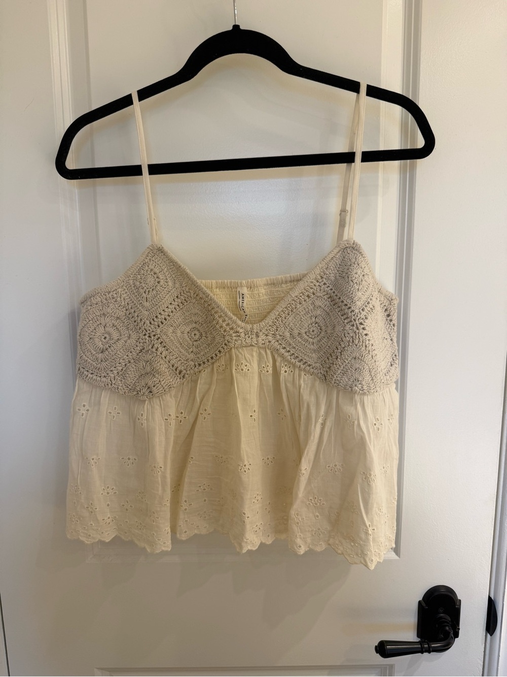 Cream Crochet-Trim Spaghetti Strap Tank Top